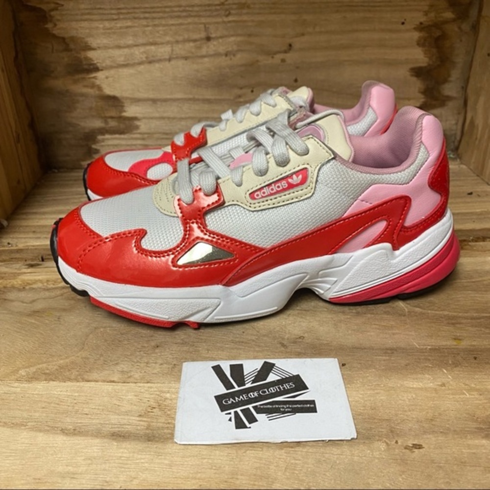 adidas Women's Red Pink White Falcon Sneakers - Picture 3 of 13